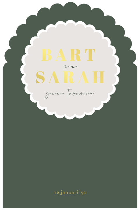 Trouwkaart met golvende rand met donkergroen en goudfolie