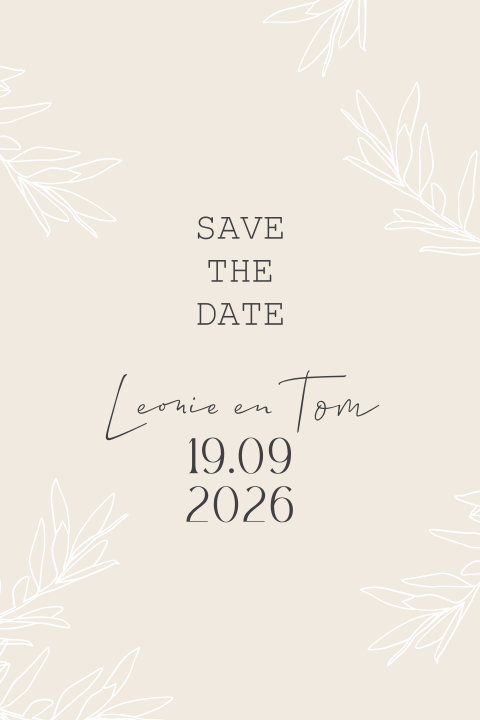 Save the date kaart minimalistisch met takjes en beige kleur