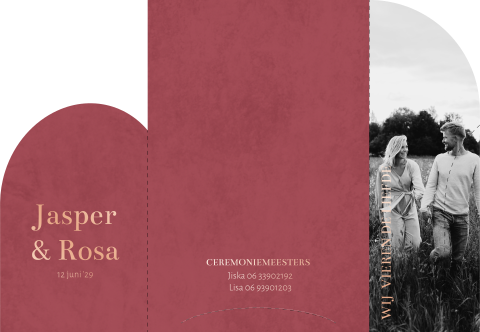 Trouwkaart insteekhoes met boogjes en roze met roséfolie