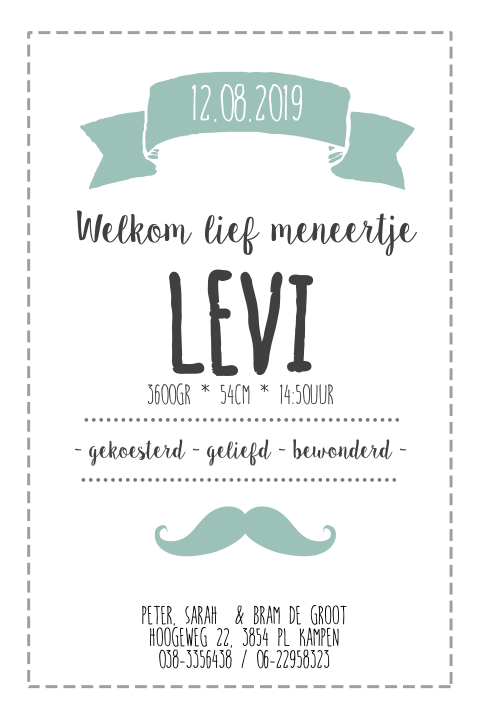 hip geboortekaartje met banner en snor