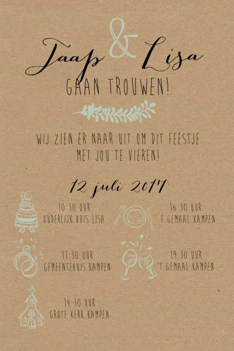 Trouwkaart met tijdlijn en kraft achtergrond