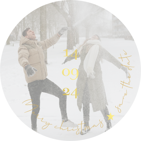 Ronde kerstkaart save the date gebogen tekst goudfolie