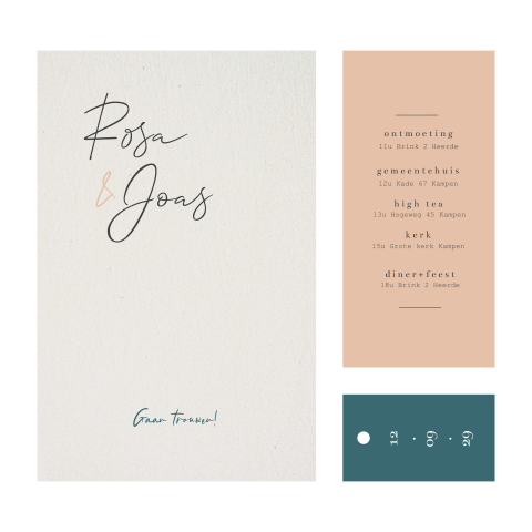 Trouwkaart met 3 losse kaartjes en labeltje zalm roze en groen blauw