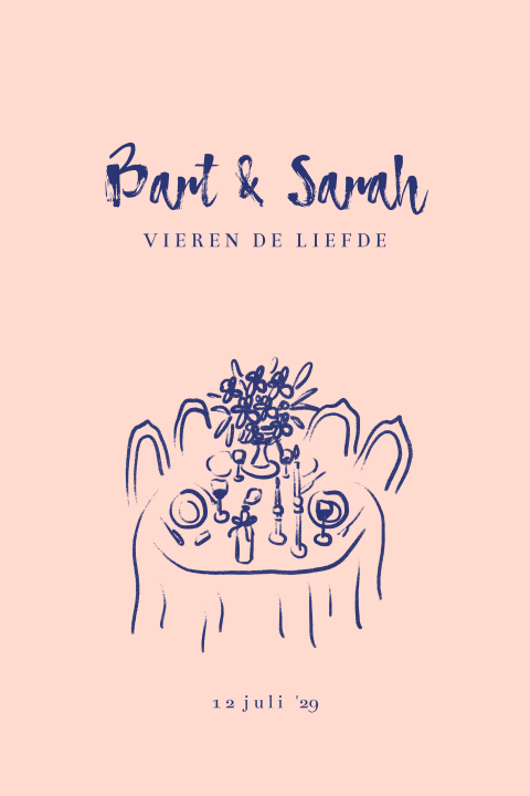 Trouwkaart met tafelsetting doodles roze en blauw