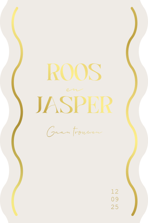 Trouwkaart organische golvende rand en goudfolie minimalistisch beige