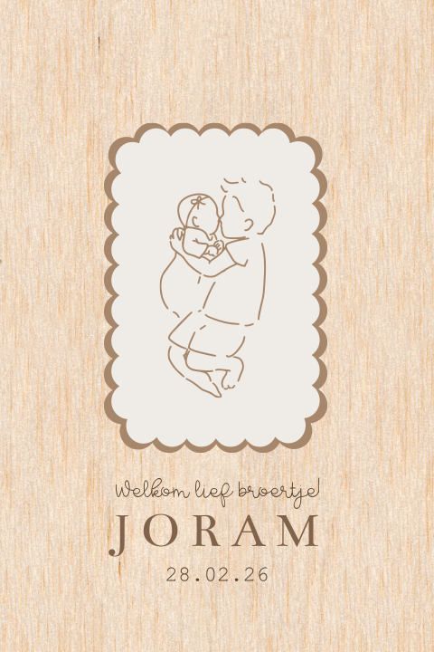 Houten geboortekaartje met lijntekening broertjes