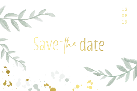 Save the date kaart met watercolor takjes en goudfolie