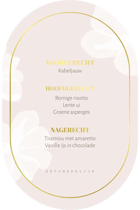 Menukaart ovalen vorm met witte bloemen roze en goudfolie