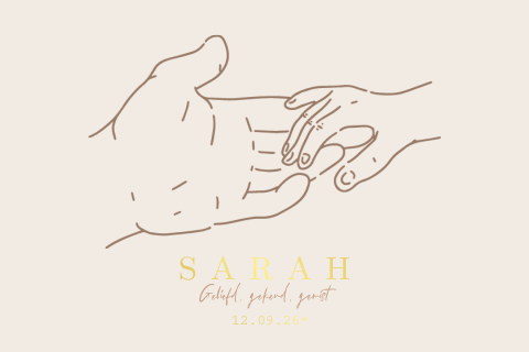 Christelijke baby rouwkaart stilgeboren vader handen God en goudfolie