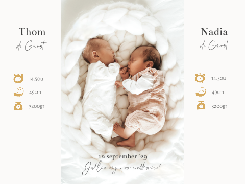 Geboortekaartje tweeling in theatervouw met foto en goudfolie