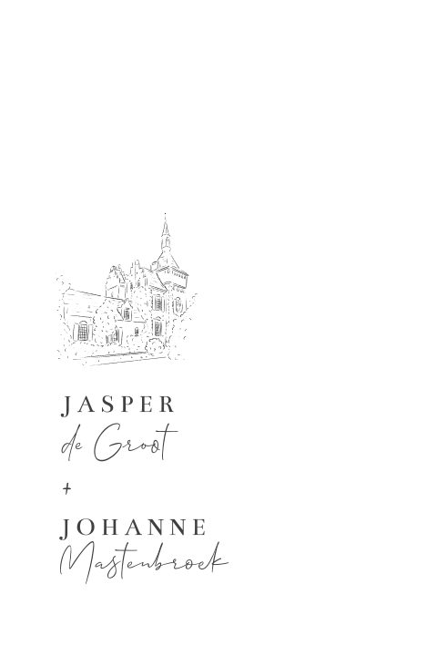 Trouwkaart geschepte kartelrand look en lijntekening trouwlocatie