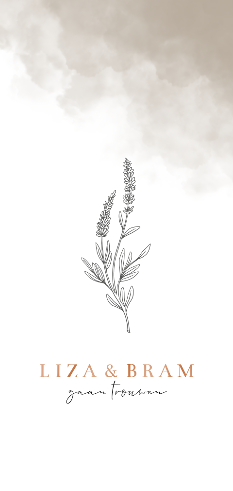 Trouwkaar met lavendeltakjes en watercolor vlek beige koperfolie