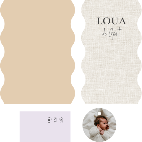 Geboortekaartje set kaarten met golfjes en labeltjes lila linnen