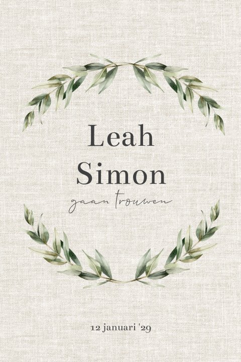 Klassieke trouwkaart met linnen achtergrond en olijftakjes watercolour