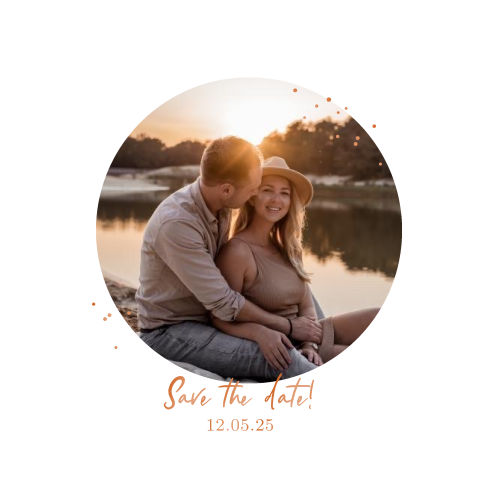 Save the date kaart met loveshoot foto in rondje en foliedruk