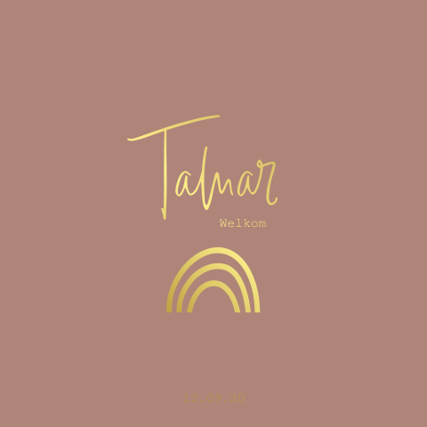 Geboortekaartje met regenboog en tekst in goudfolie