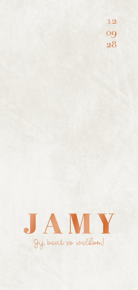 Geboortekaartje meisje jongen beige witte velvet look koperfolie