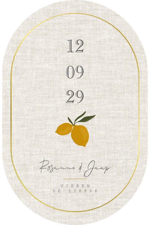 Ovalen trouwkaart met citroentje en linnen look met goudfolie