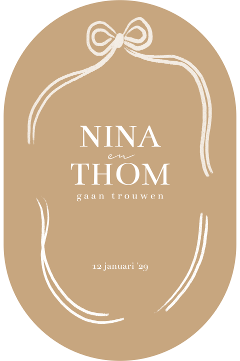 Trouwkaart ovaal met strikje en lijnen wit oranje oker