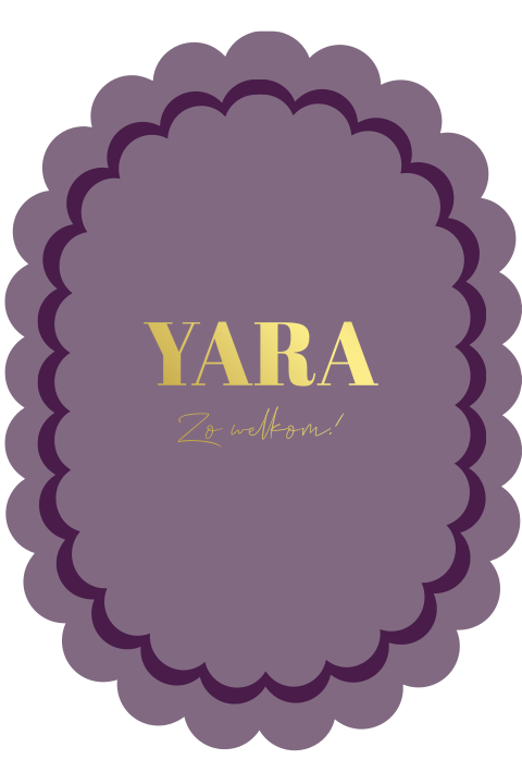 Geboortekaartje meisje ovaal met golvende bloemen rand paars