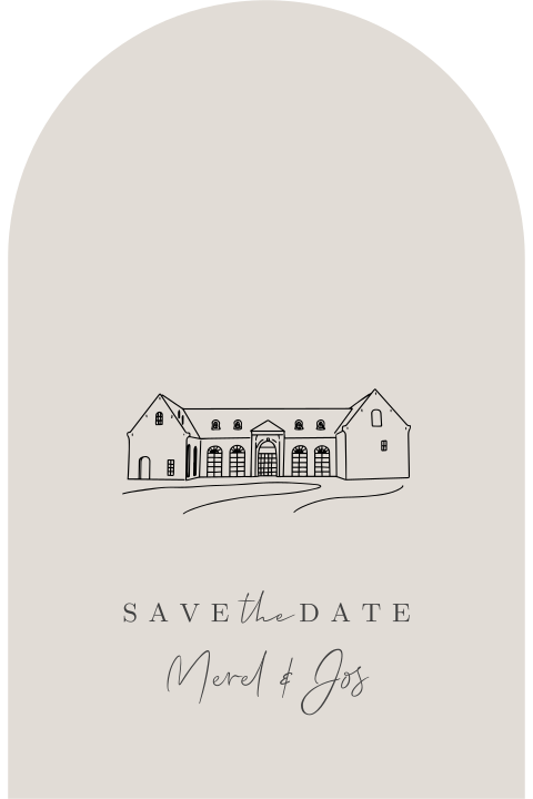 Save the date kaart lijntekening trouwlocatie beige minimalistisch