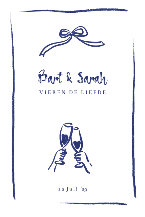 Trouwkaart met wijn doodles en strikje in blauw witte kleur