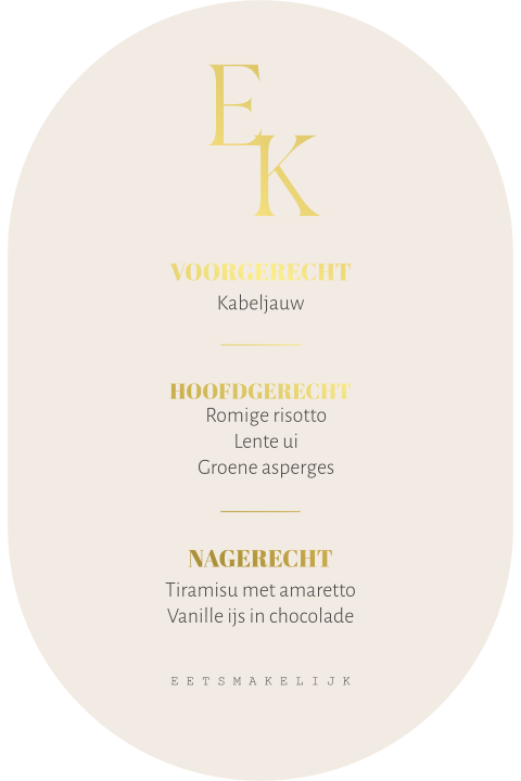 Menukaart ovalen vorm beige met goudfolie initialen