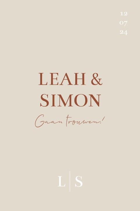 Trouwkaart beige oranje met initialen minimalistische stijl