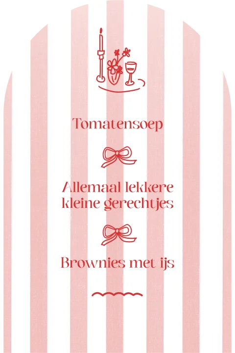 Menukaart 21 diner rood roze streepjes en tafel doodles