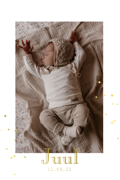 Geboortekaartje meisje met newbornfoto en goudfolie stipjes