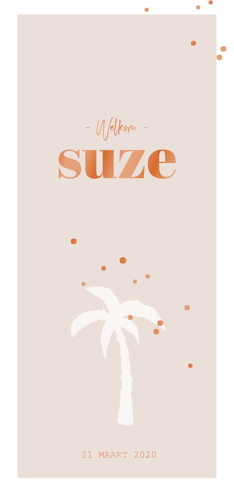 geboortekaartje voor een meisje met oud roze palmboom en koperfolie