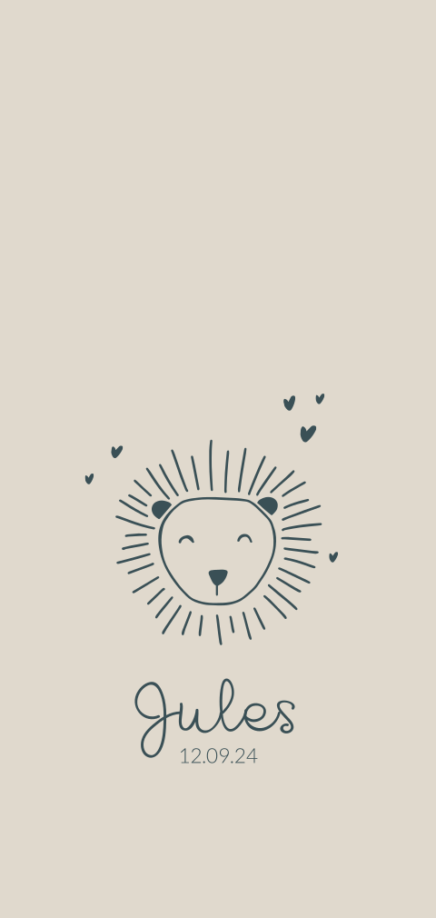 Geboortekaartje jongen leeuwenkop lijntekening blauw groen beige