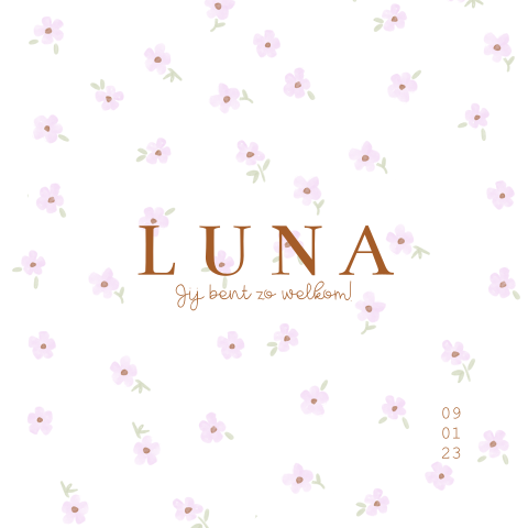 Geboortekaartje meisje lila paarse bloemetjes print koperfolie bruin