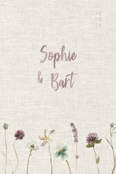 Trouwkaart met watercolour veldbloemen linnen papier paarse lakfolie