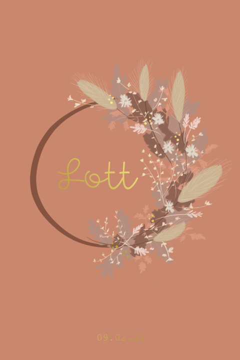 Geboortekaartje dochter met droogbloemen krans en folie