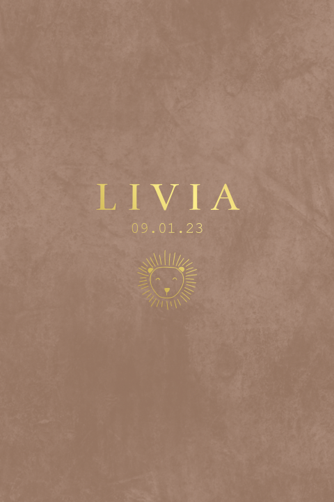 Geboortekaartje meisje lijntekening leeuwtje in goudfolie velours look