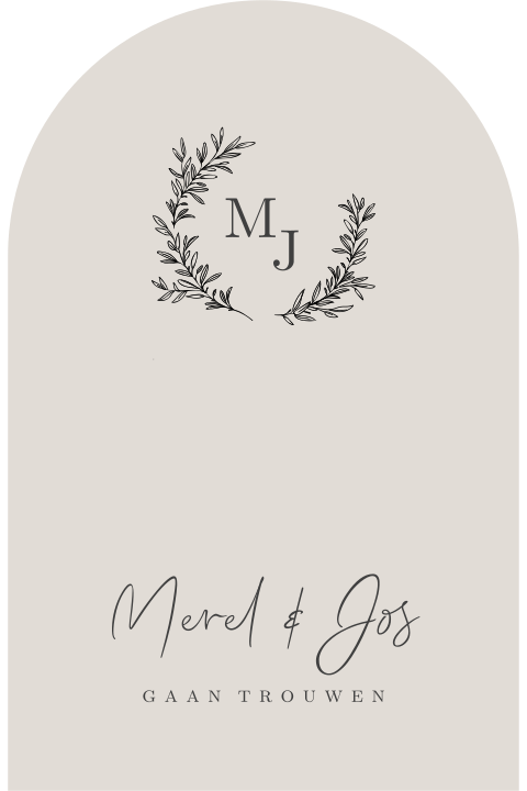 Trouwkaart boogvorm met kransje met initialen van de namen