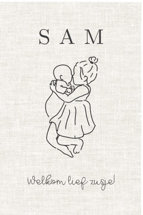Geboortebord raam unisex met linnen achtergrond en lijntekening zusje