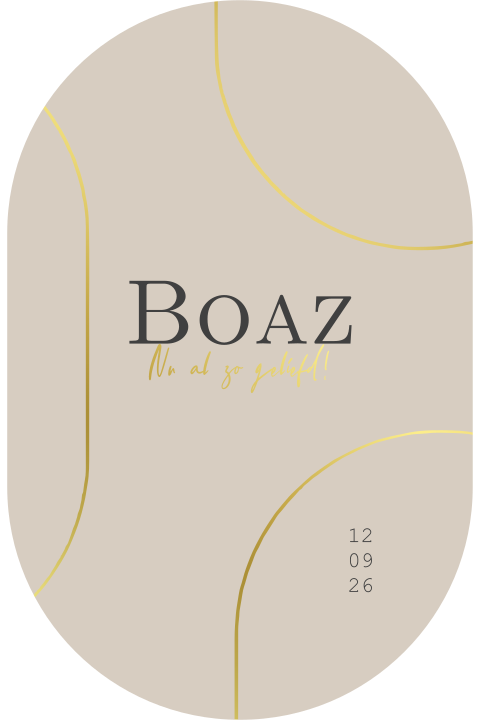 Geboortekaartje ovaal voor een jongen met gouden lijnen en beige