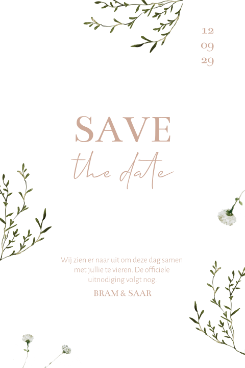 Save the date kaart lente takjes bloemen groen en roze