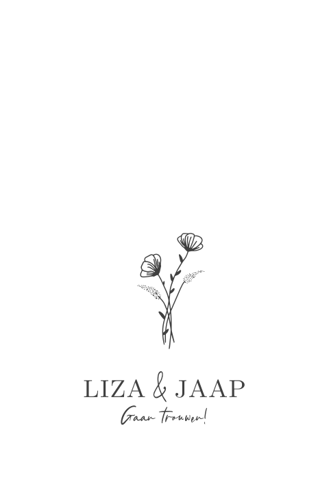 Trouwkaart minimalistisch zwart wit boogvorm boeketje
