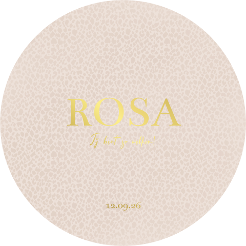 Geboortekaartje rond met roze panterprint en goudfolie letters