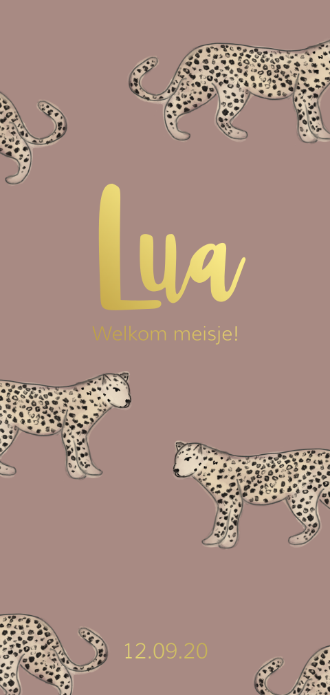 Geboortekaartje met panters en goudfolie voor een meisje
