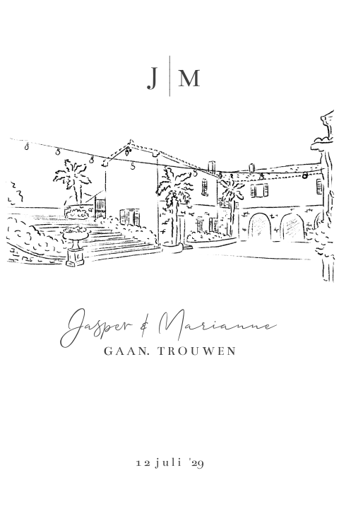 Trouwkaart geschepte kartelrand look en tekening trouwlocatie spanje