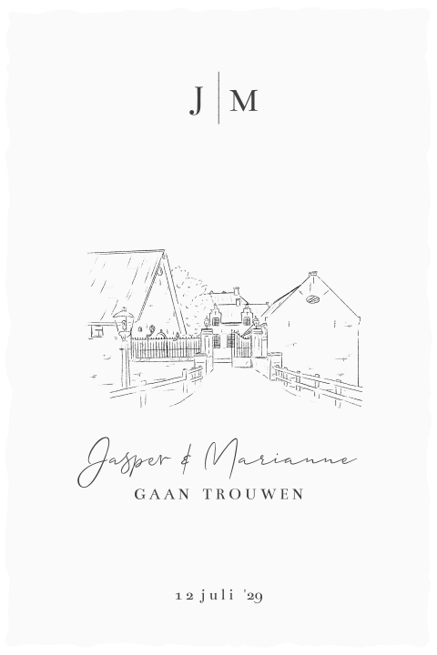 Trouwkaart met lijntekening Slot Doddendael geschepte rand look