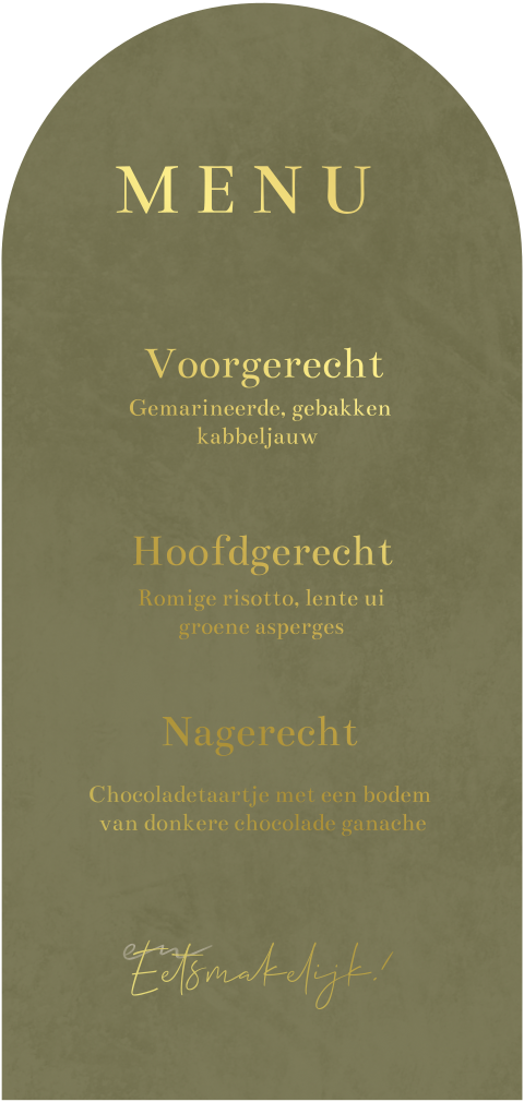 Boogkaart menukaart velvet groene achtergrond en goudfolie letters