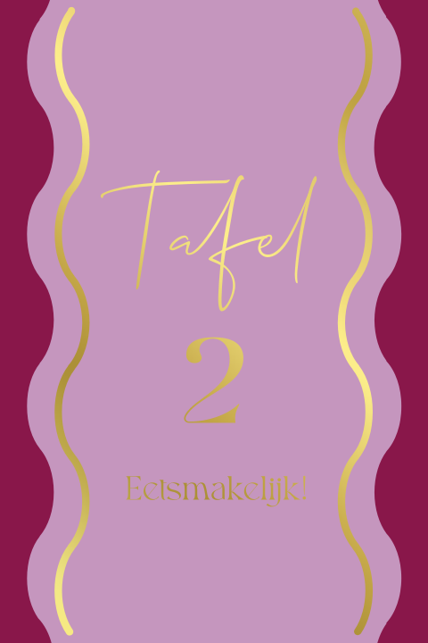 Fleurig tafelnummerkaartje met roze paars en goudfolie golvende rand