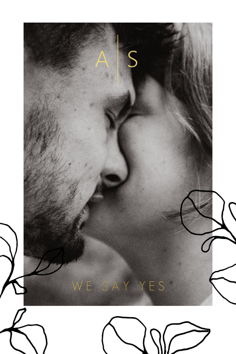 Trouwkaart minimalistisch met foto en takjes met goudfolie