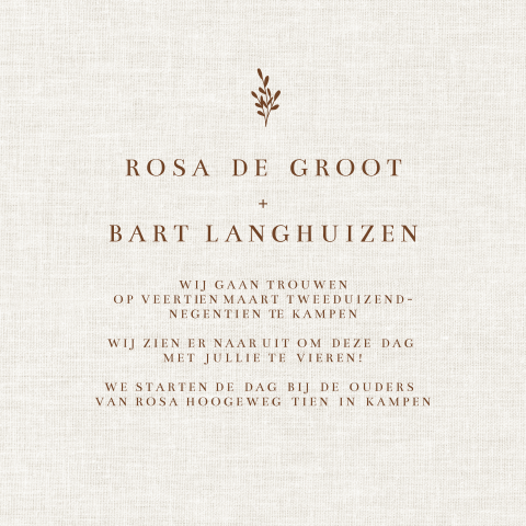Trouwkaart klassiek stoer minimalistisch linnen bruin takje