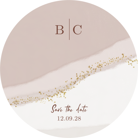 Ronde save the date kaart met initialen roze watercolor goud glitters